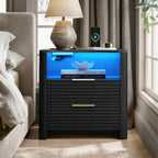 Fluted Nightstand with Led Lights and Charging Station - Led Night Stand with Gold Handle & Open Storage Cubby, 2 Drawer Nightstand with Curved Top, Bedside Nightstands for Bedroom (Black - 1 PC)