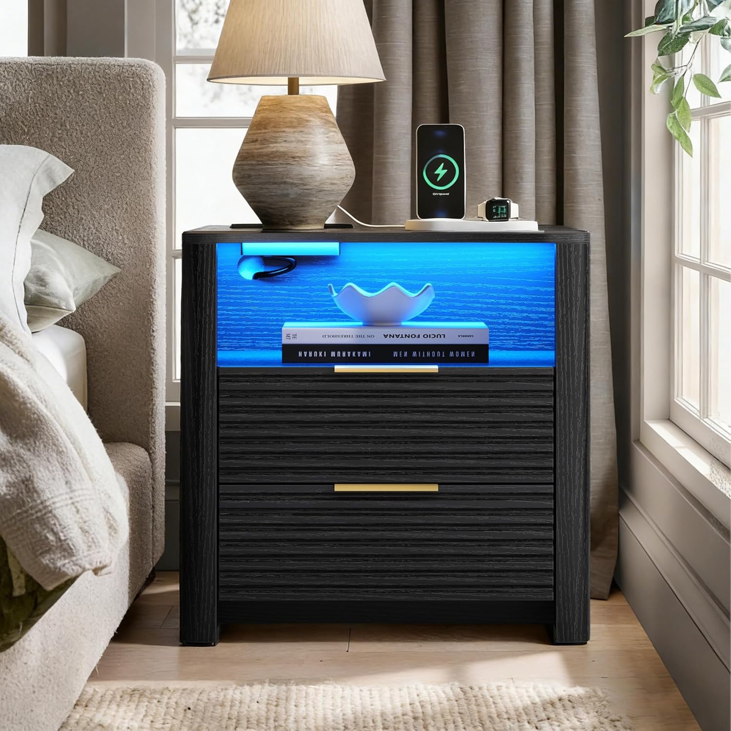 Fluted Nightstand with Led Lights and Charging Station - Led Night Stand with Gold Handle & Open Storage Cubby, 2 Drawer Nightstand with Curved Top, Bedside Nightstands for Bedroom (Black - 1 PC)