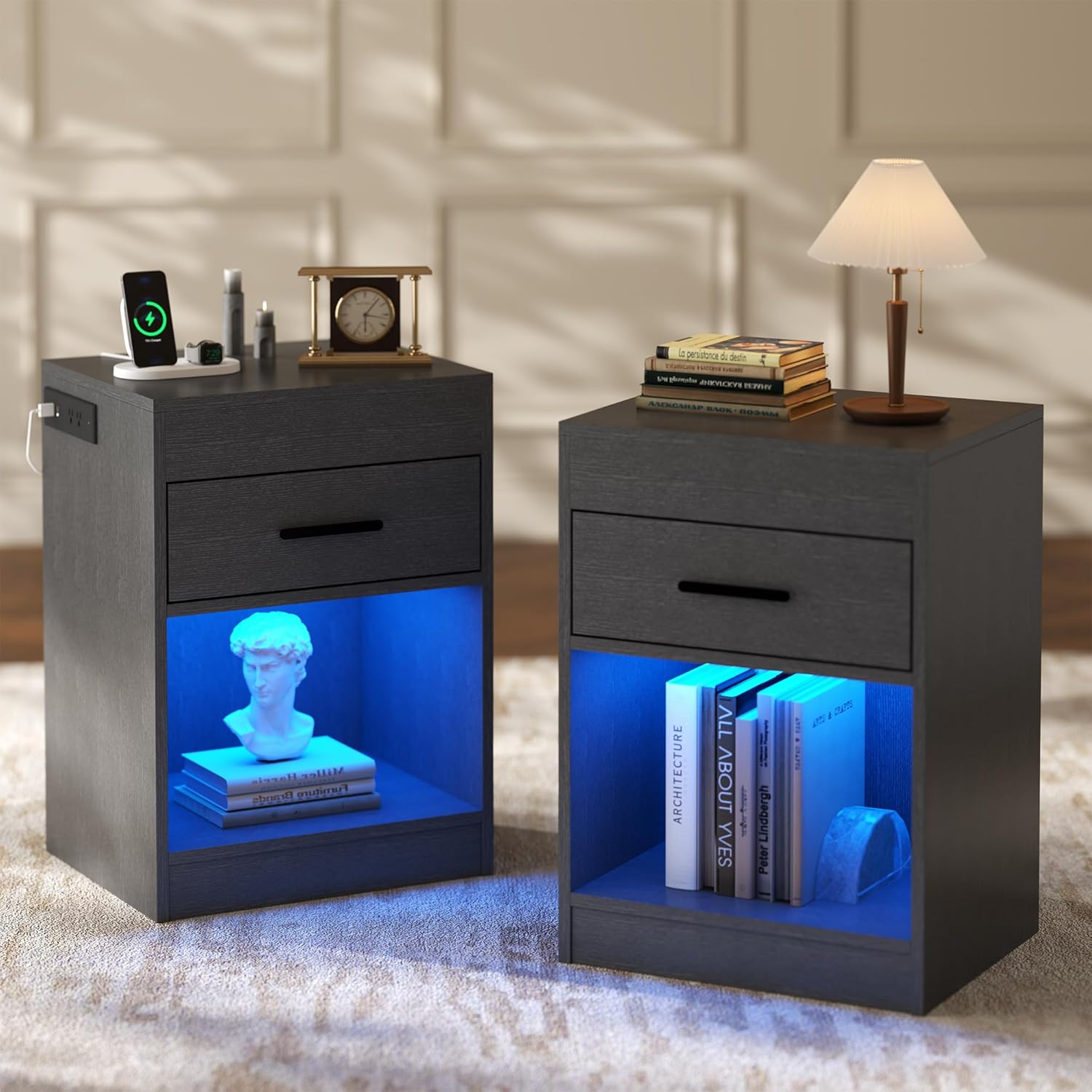 Auromie Set of 2 Nightstand with Charging Station and LED Lights, Bedside Table with Hidden Compartment for Valuables Storage, Concealment Furniture with Lock Cabinet and Power Outlets(Black- 2pcs)