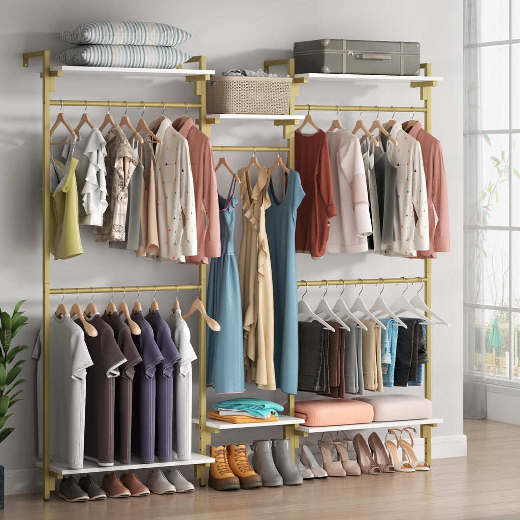 Gold Wall Mount Clothes Rack with 4 Hanging Rods, Clothing Rack with 6-Tier Adjustable Shelves, Closet Storage Organizer System Kit, Heavy Duty Garment Rack with Metal (80.43" L*78.62" H) (Gold)