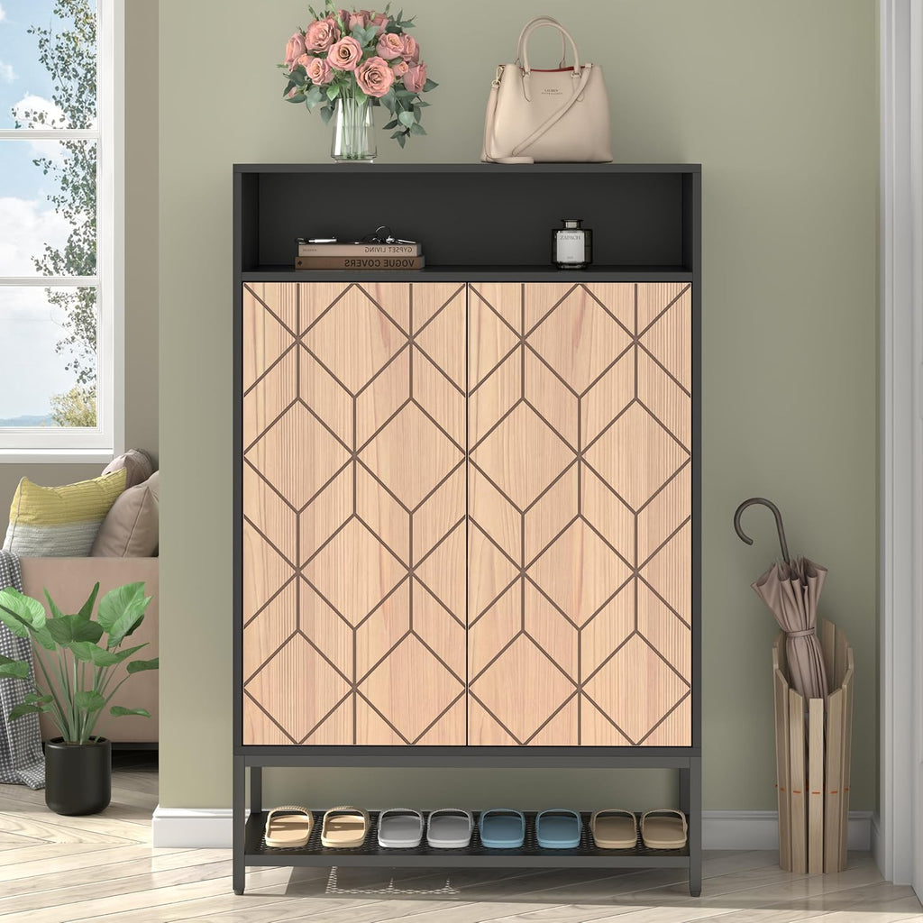 Auromie Shoe Cabinet with Door, 7-Tier Shoe Storage Cabinet with Metal Rack, Entryway Shoe Storage with 3 Removable Shelves and Adjustable Foot for Hallway, Closet, Living Room (Black)