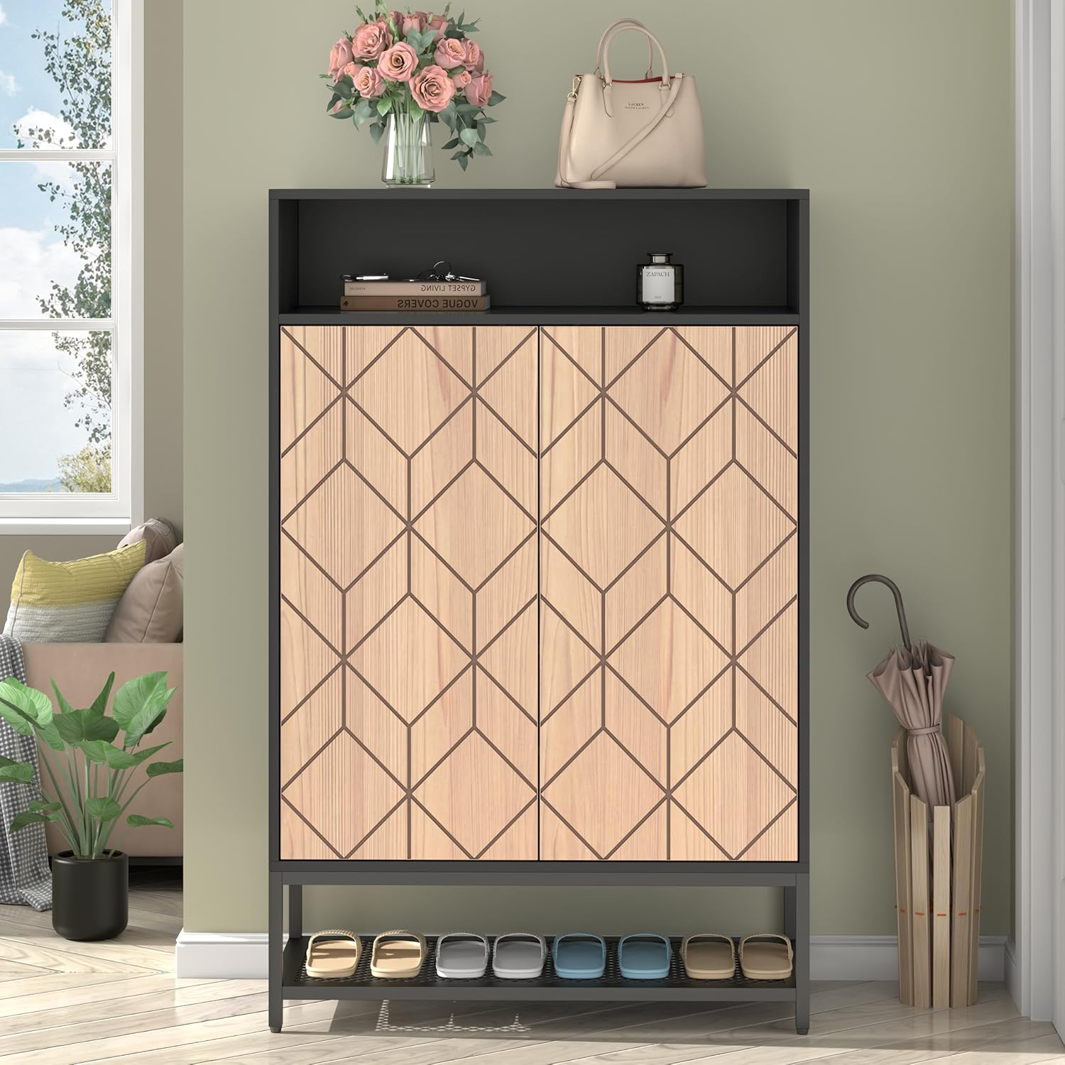 Auromie Shoe Cabinet with Door, 7-Tier Shoe Storage Cabinet with Metal Rack, Entryway Shoe Storage with 3 Removable Shelves and Adjustable Foot for Hallway, Closet, Living Room (Black)