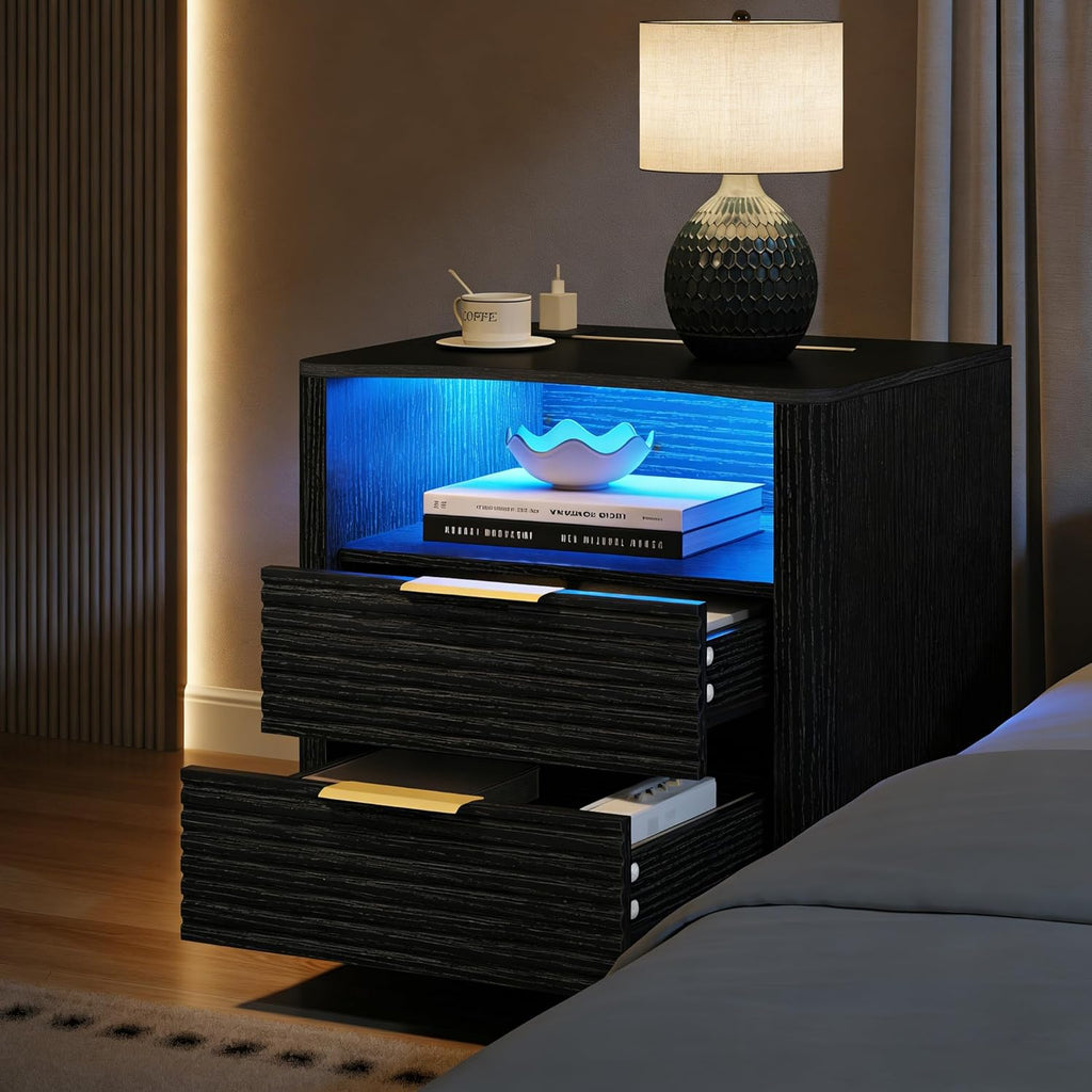 Fluted Nightstand with Led Lights and Charging Station - Led Night Stand with Gold Handle & Open Storage Cubby, 2 Drawer Nightstand with Curved Top, Bedside Nightstands for Bedroom (Black - 1 PC)
