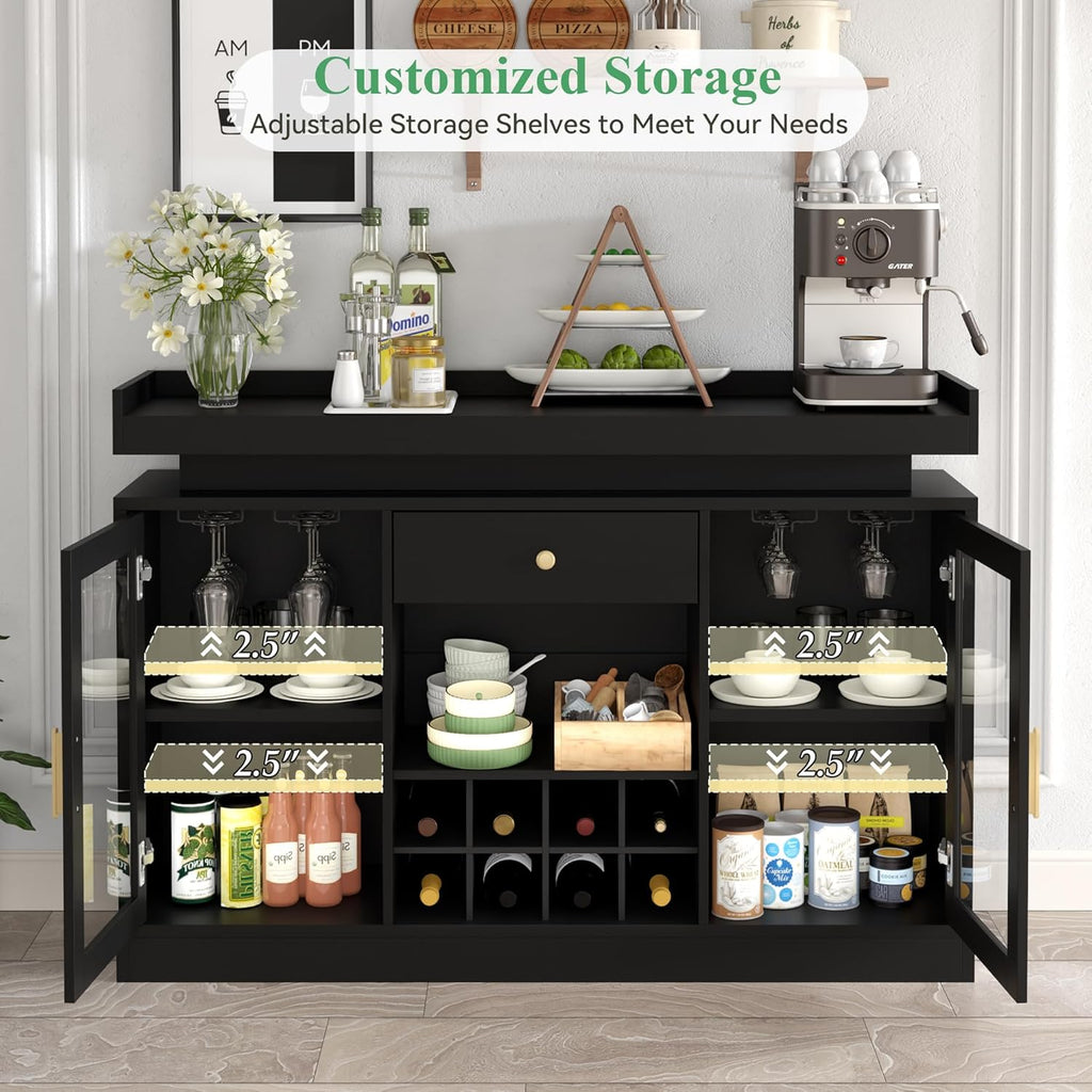 Wine Bar Cabinet with LED Light, Home Coffee Bar Cabinet with Wine and Glass Rack, Modern Sideboard Buffet w/ Storage Drawer & Shelves, Freestanding Liquor Cabinets for Living Room,Dining Room (Black)