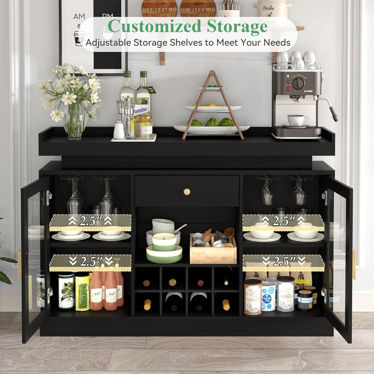 Wine Bar Cabinet with LED Light, Home Coffee Bar Cabinet with Wine and Glass Rack, Modern Sideboard Buffet w/ Storage Drawer & Shelves, Freestanding Liquor Cabinets for Living Room,Dining Room (Black)