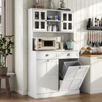 Double Tilt Out Trash Can Cabinet, 68" Tall Kitchen Pantry Storage Cabinet with 2 Drawers & Hutch & Microwave Coffee Stand, Freestanding 20 Gallon Trash Recycling Cabinets, Hidden Garbage Can Cabinets