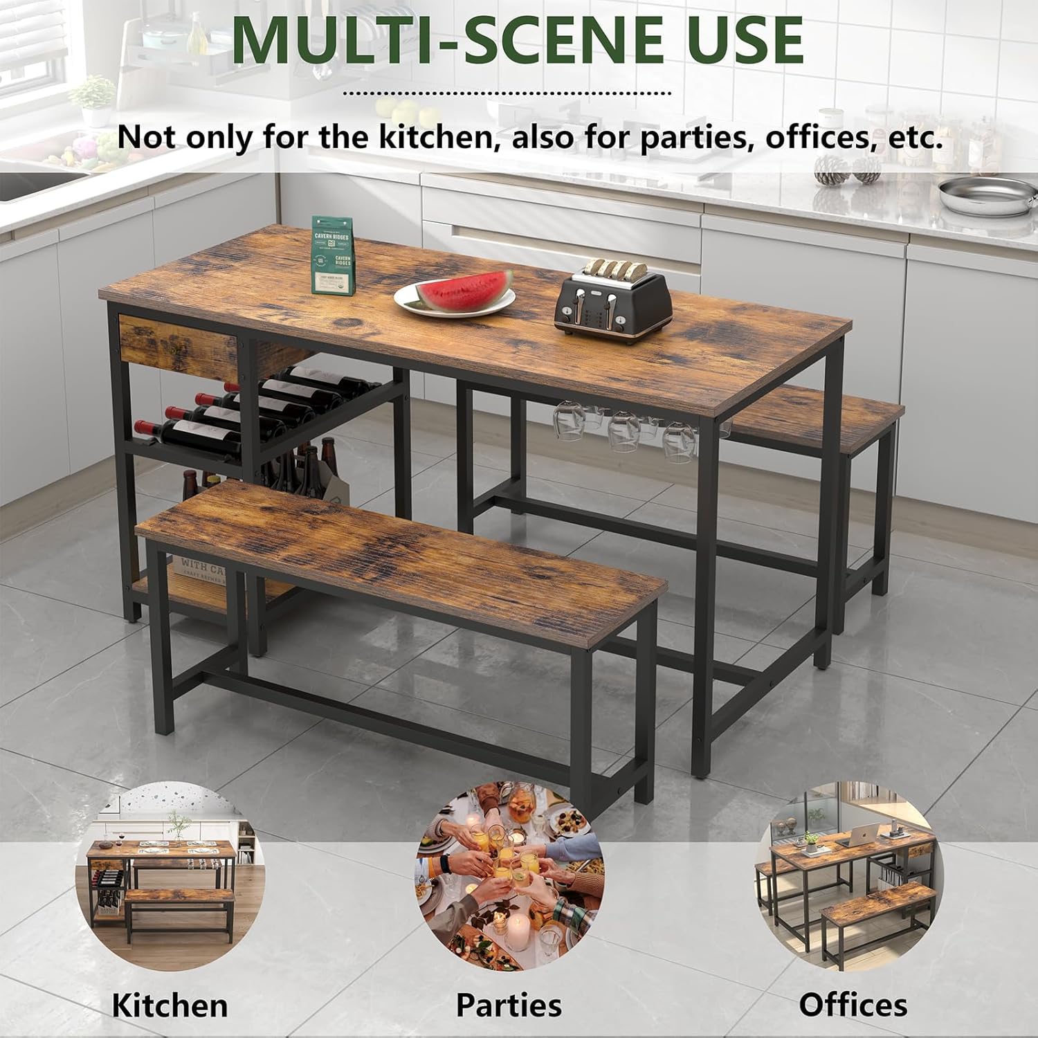 Auromie Dining Table Set for 4-6 People, 54.7" Kitchen Dinner Table with 2 Bench, Dining Room Tables Set with Storage Drawer & Shelf, 3-Piece Breakfast Nook Tables with Wine Rack &Glass Holder (Brown)