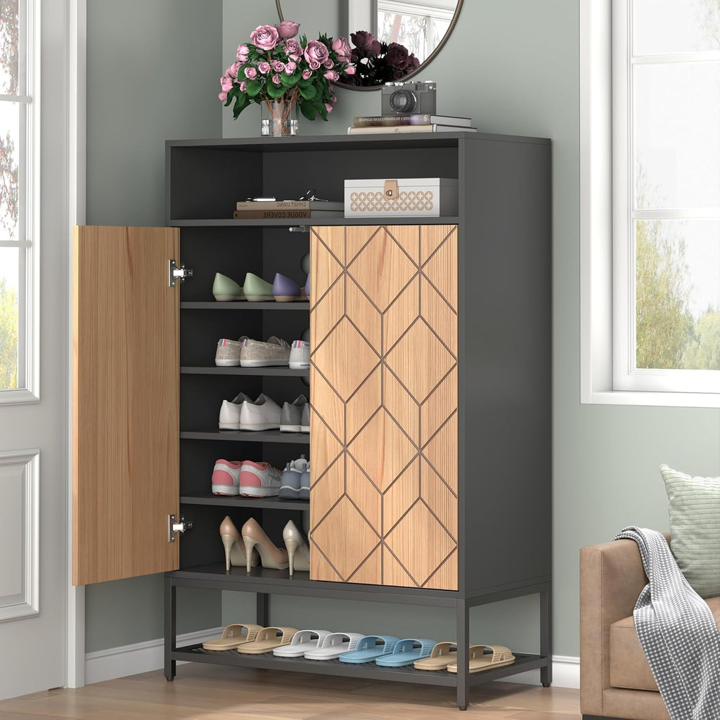 Auromie Shoe Cabinet with Door, 7-Tier Shoe Storage Cabinet with Metal Rack, Entryway Shoe Storage with 3 Removable Shelves and Adjustable Foot for Hallway, Closet, Living Room (Black)