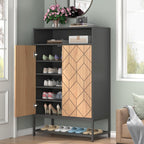 Auromie Shoe Cabinet with Door, 7-Tier Shoe Storage Cabinet with Metal Rack, Entryway Shoe Storage with 3 Removable Shelves and Adjustable Foot for Hallway, Closet, Living Room (Black)
