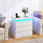 Nightstand with Charging Station and LED Lights, Night Stand with 3 Storage Drawers, Modern Bedside Table for Bedroom, End Side Table for Living Room (White)