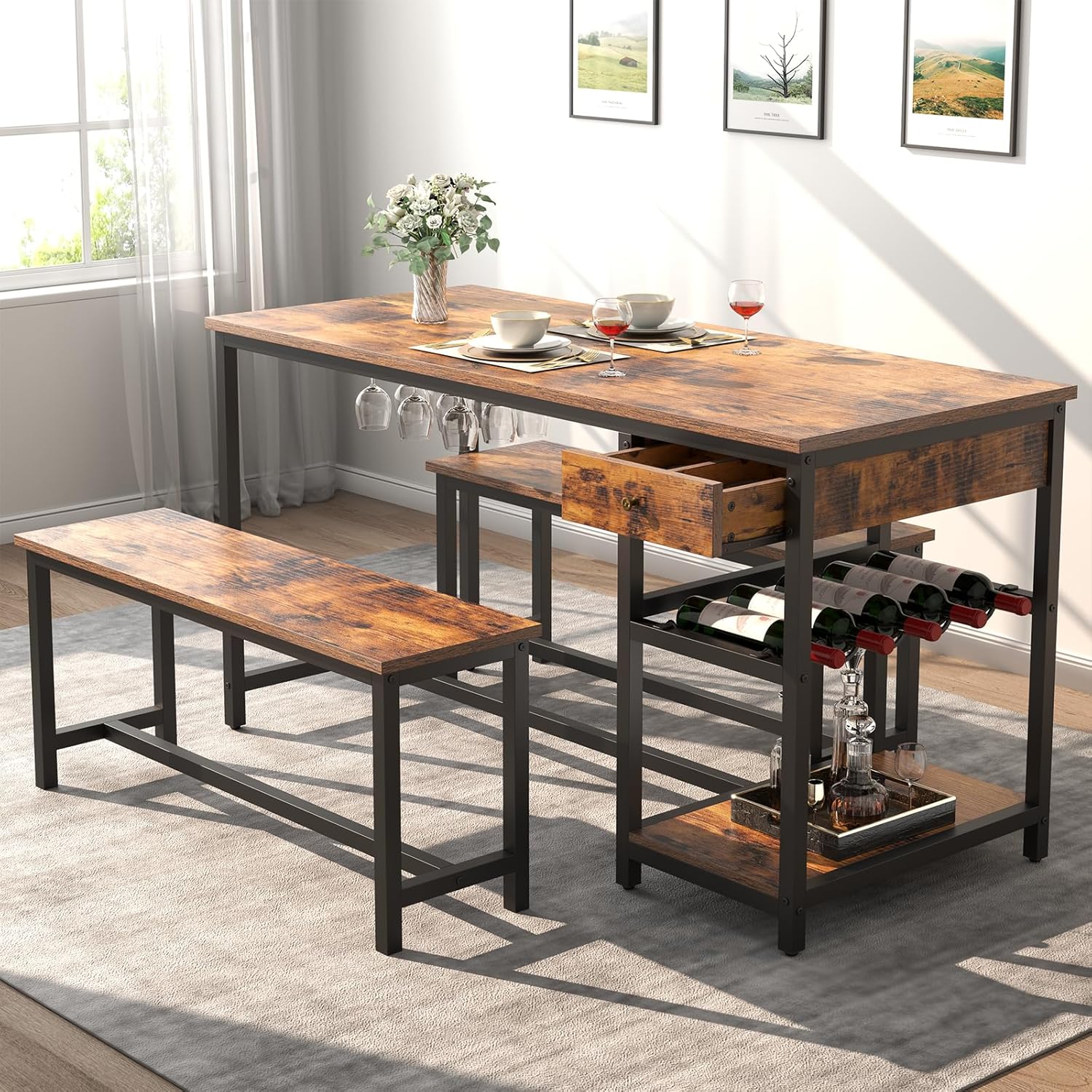 Auromie Dining Table Set for 4-6 People, 54.7" Kitchen Dinner Table with 2 Bench, Dining Room Tables Set with Storage Drawer & Shelf, 3-Piece Breakfast Nook Tables with Wine Rack &Glass Holder (Brown)