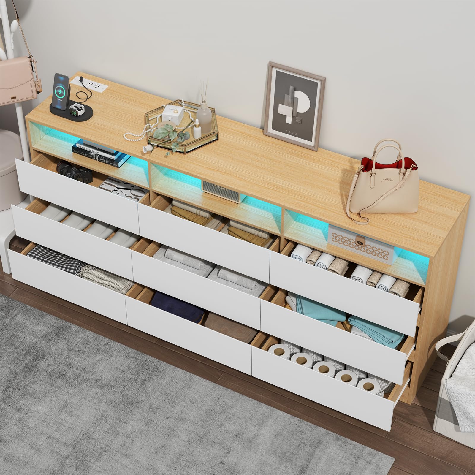 Auromie 9 Drawers Dresser, Double Modern Chest of Drawers with Power Outlet, Dresser TV Stand with Led Light Strip, Drawer Organizer for Bedroom, Living Room, Hallway (White, 9 Drawer)