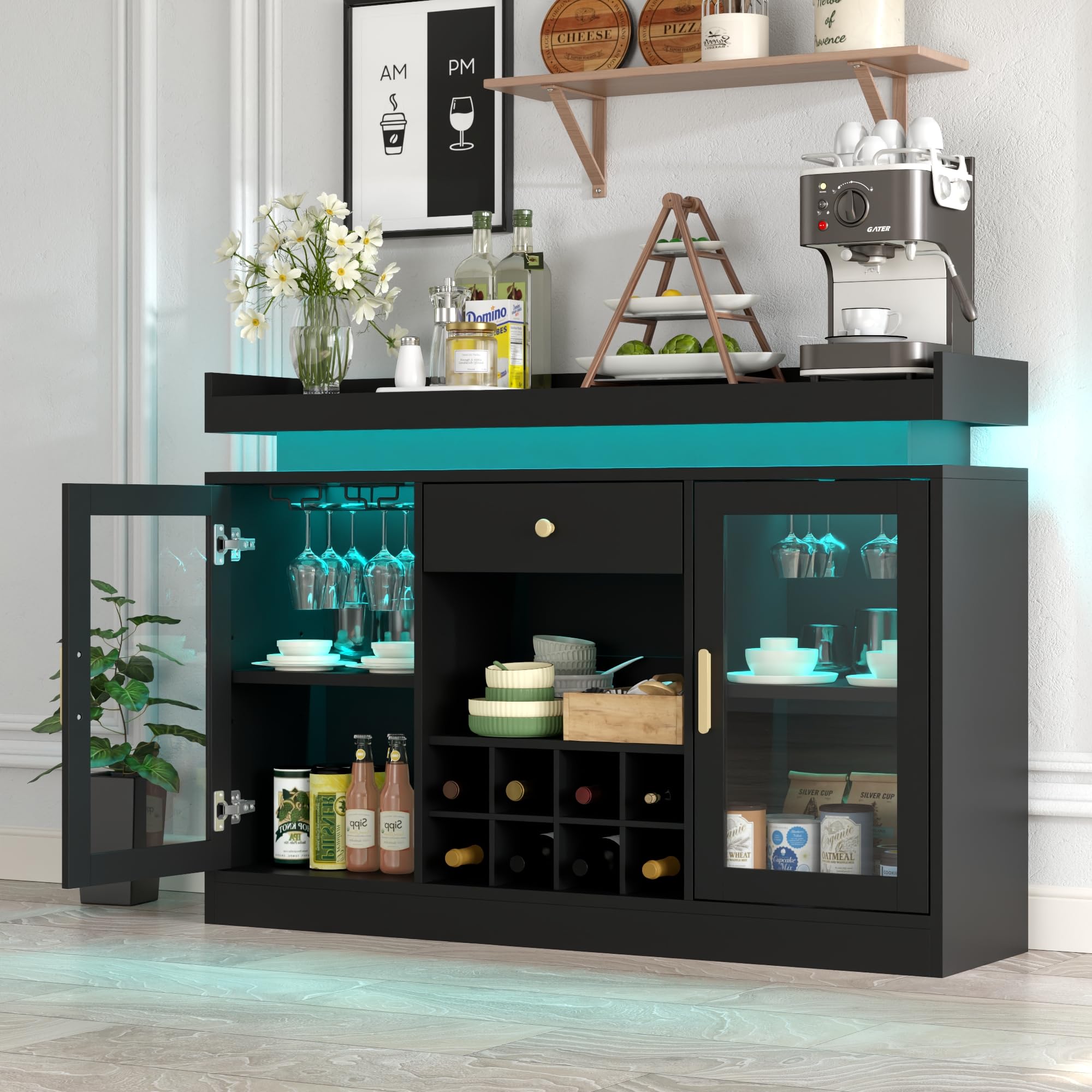 Wine Bar Cabinet with LED Light, Home Coffee Bar Cabinet with Wine and Glass Rack, Modern Sideboard Buffet w/ Storage Drawer & Shelves, Freestanding Liquor Cabinets for Living Room,Dining Room (Black)