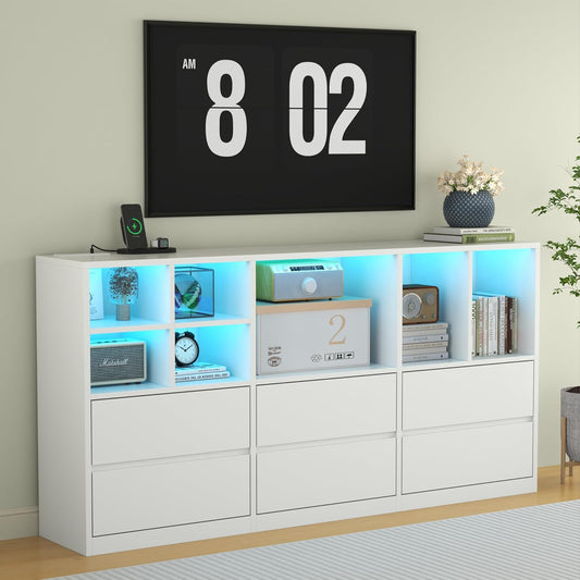 TV Stand with 6 Drawers & 7 Storage Cubbies, LED Lights Entertainment Center with Power Outlet, 63" TV Cabinet with Adjustable Open Storage Shelf, Modern TV Media Console for Living Room (White)