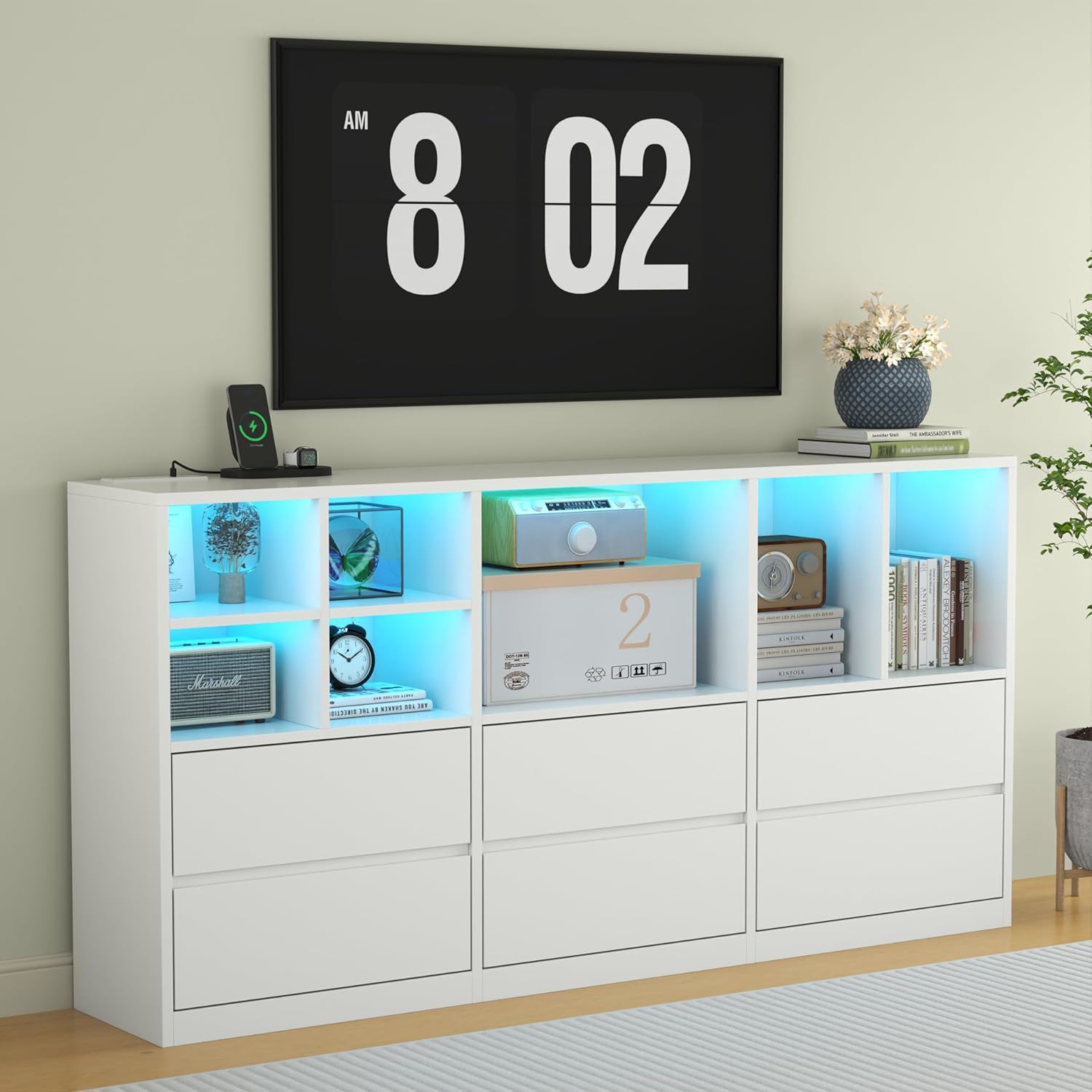 TV Stand with 6 Drawers & 7 Storage Cubbies, LED Lights Entertainment Center with Power Outlet, 63" TV Cabinet with Adjustable Open Storage Shelf, Modern TV Media Console for Living Room (White)