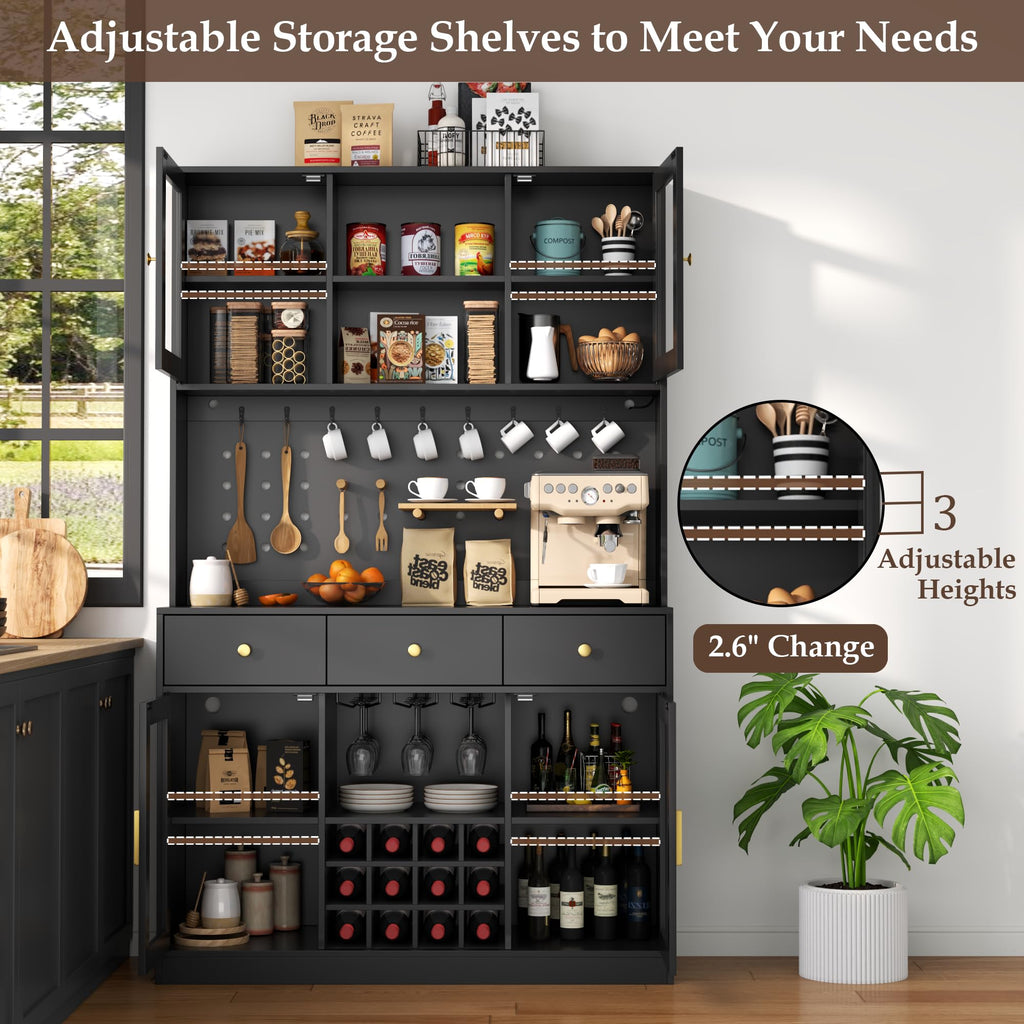 72" Tall Wine Bar Cabinet with Storage Hutch & Pegboard, Coffee Bar Cabinet with LED Lights, Modern Liquor Cabinets with 9-grid Wine & Glass Racks, Pantry Cabinet for Kitchen, Living Room (Black)