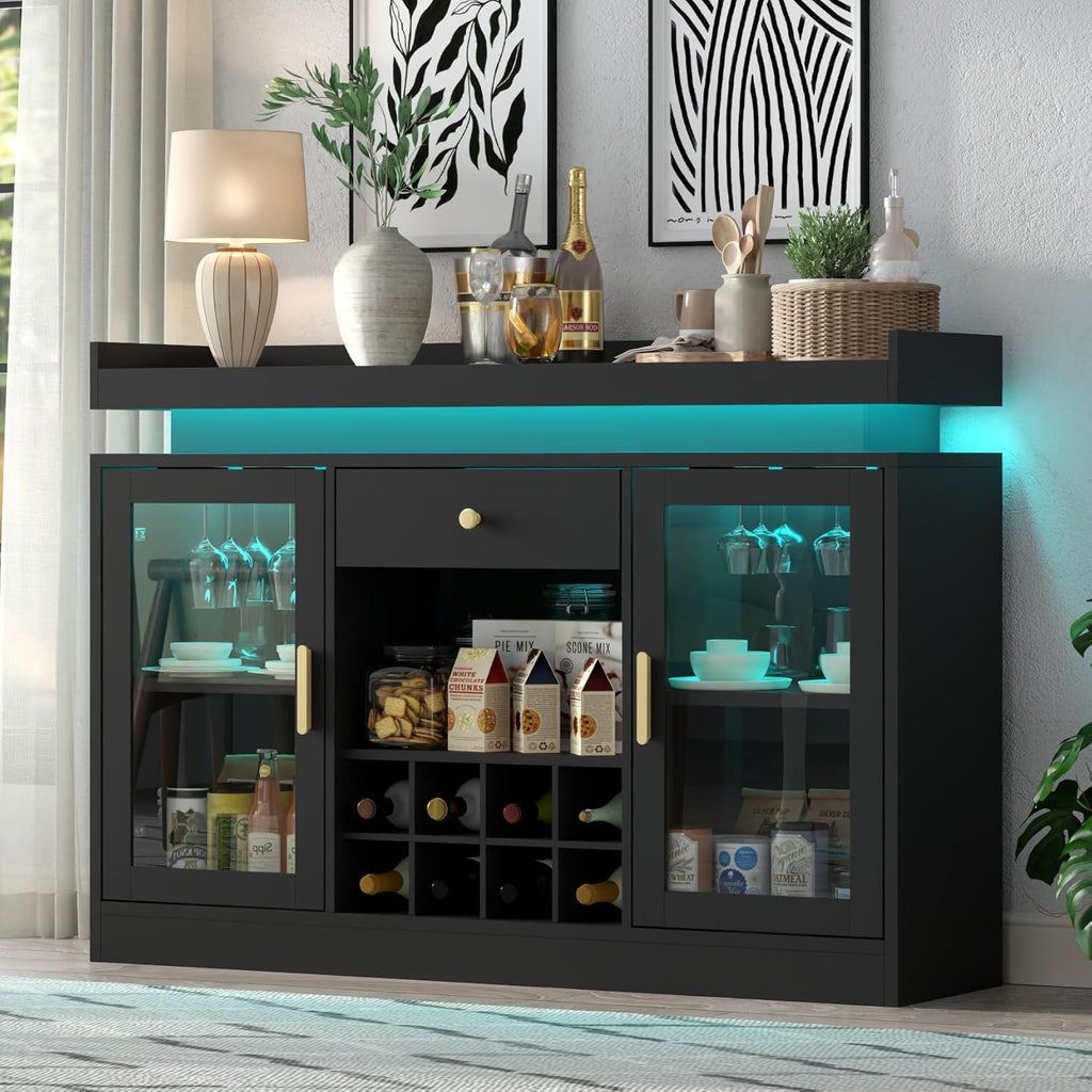 Wine Bar Cabinet with LED Light, Home Coffee Bar Cabinet with Wine and Glass Rack, Modern Sideboard Buffet w/ Storage Drawer & Shelves, Freestanding Liquor Cabinets for Living Room,Dining Room (Black)