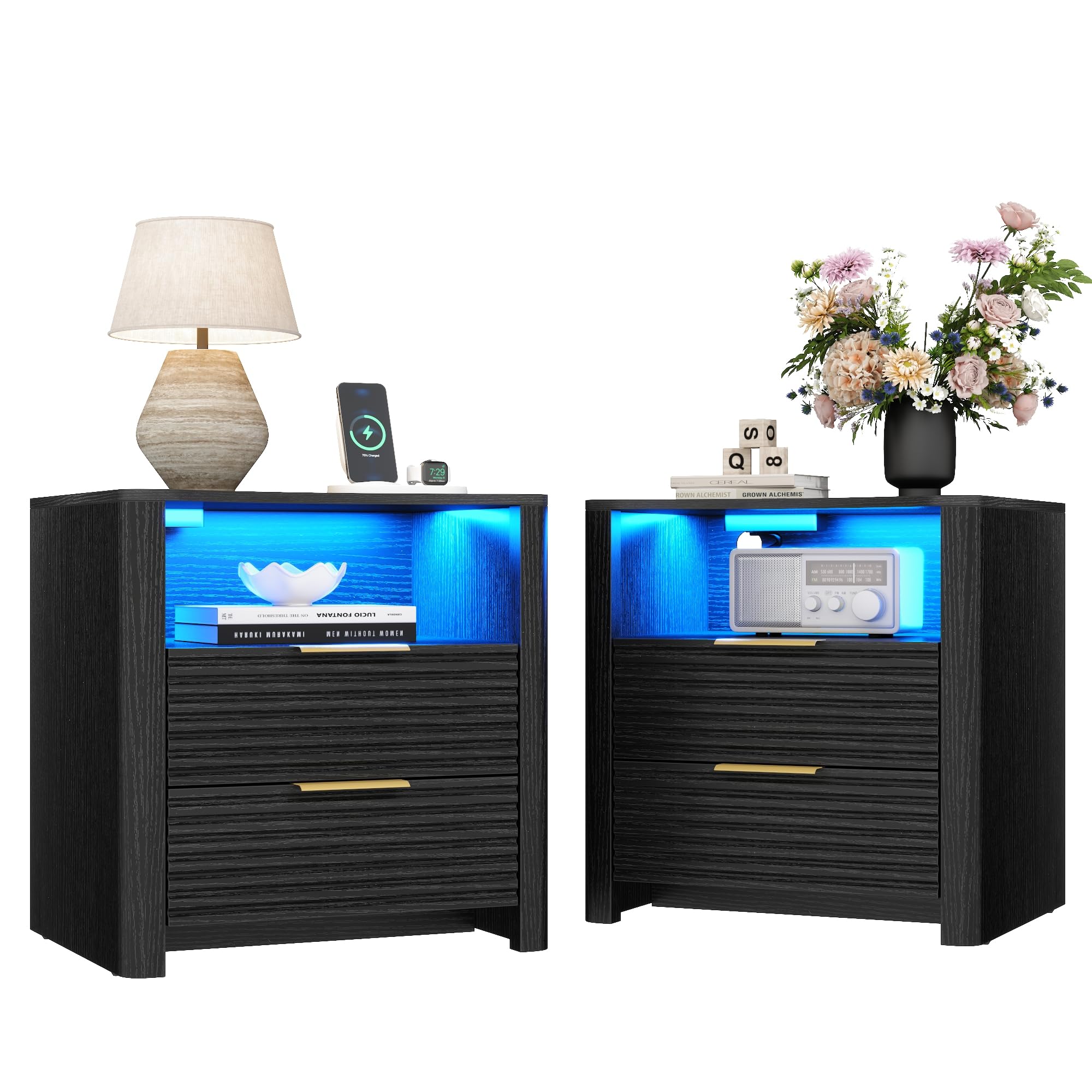 Fluted Nightstand with Led Lights and Charging Station - Led Night Stand with Gold Handle & Open Storage Cubby, 2 Drawer Nightstand with Curved Top, Bedside Nightstands for Bedroom (Black - 1 PC)