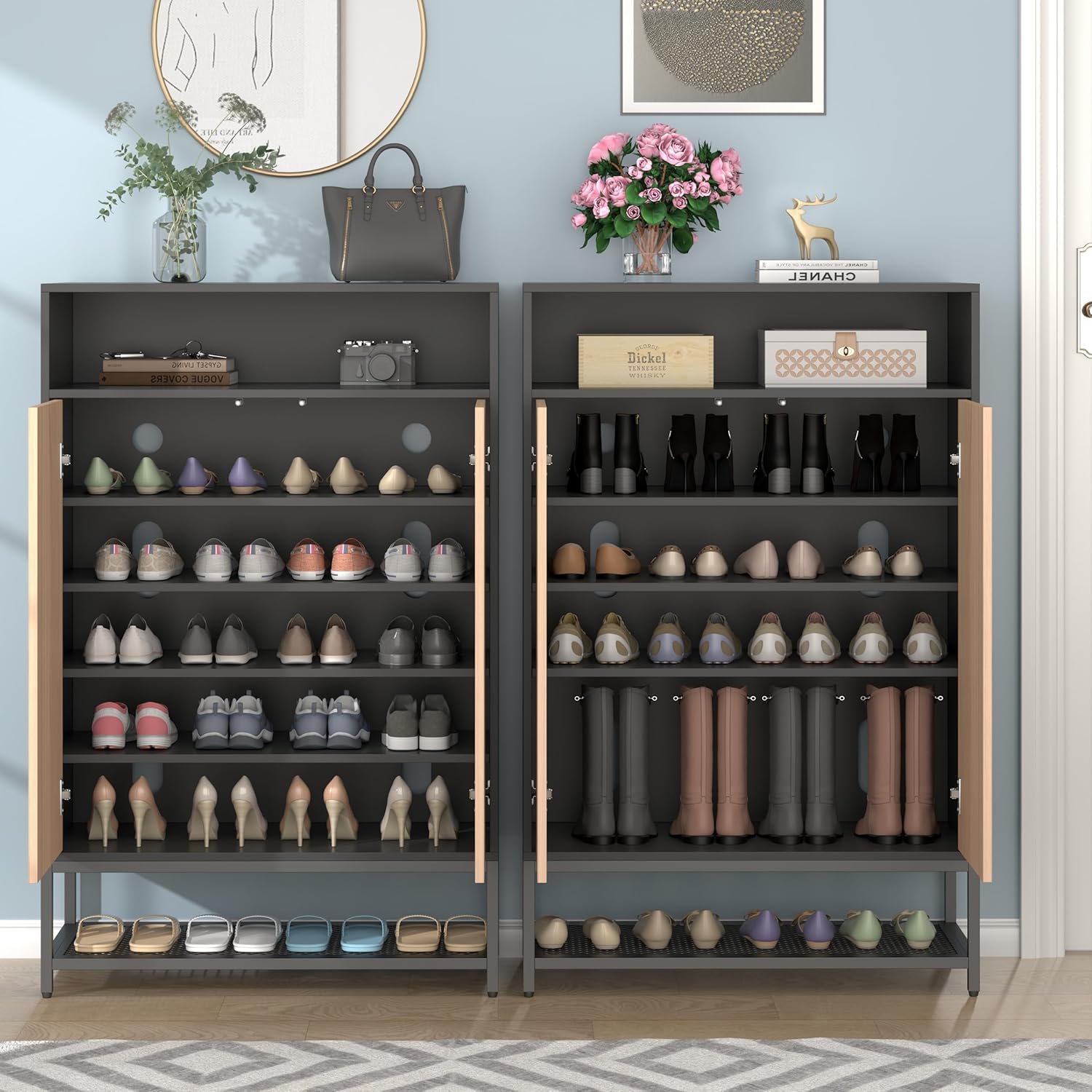 Auromie Shoe Cabinet with Door, 7-Tier Shoe Storage Cabinet with Metal Rack, Entryway Shoe Storage with 3 Removable Shelves and Adjustable Foot for Hallway, Closet, Living Room (Black)