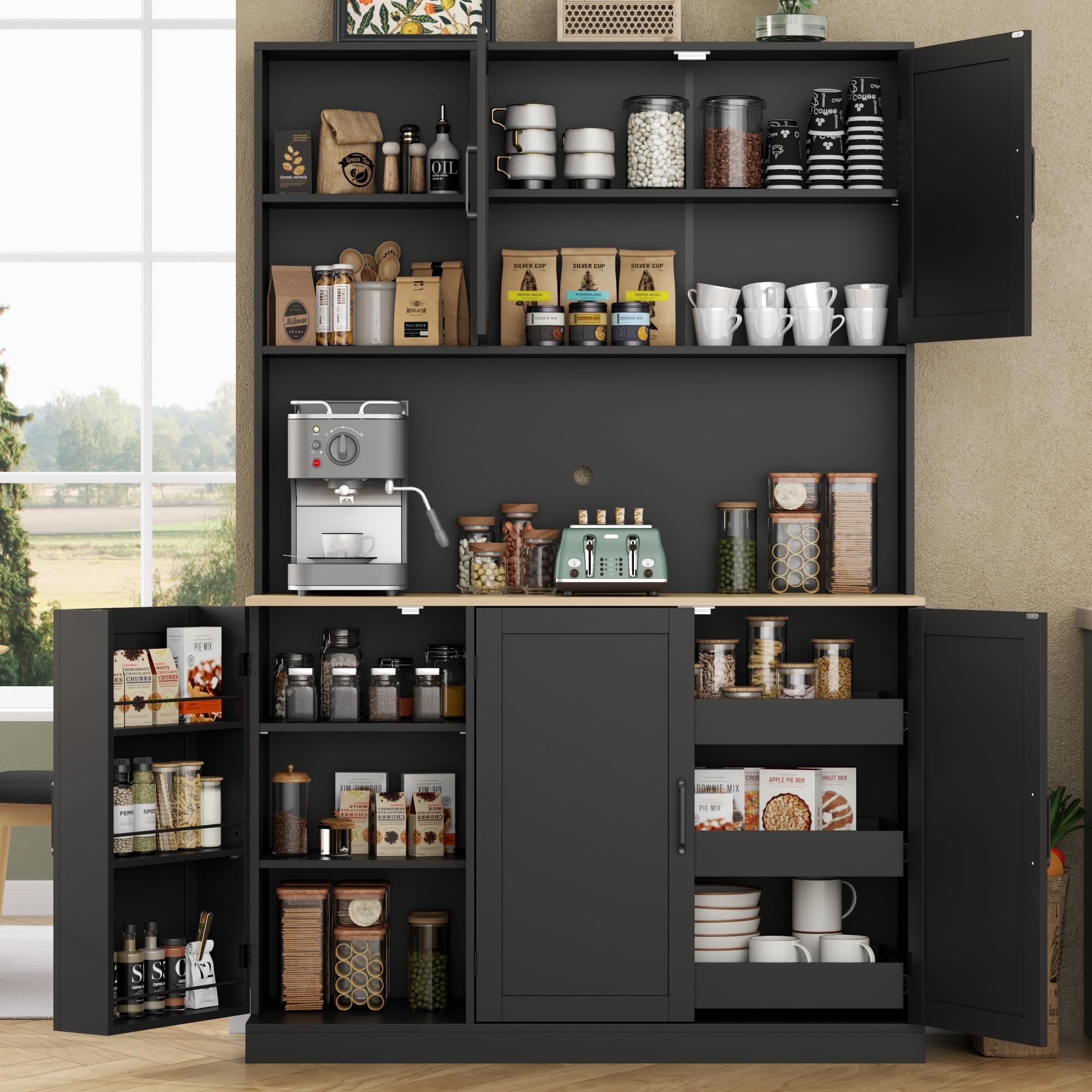 71" Tall Kitchen Pantry Cabinet, Kitchen Pantries with 3 Pull-out Drawers, Storage Cabinets with Hutch & Door Shelves & Microwave Coffee Stand, Pantry Organizer for Dining Room, Living Room (White)