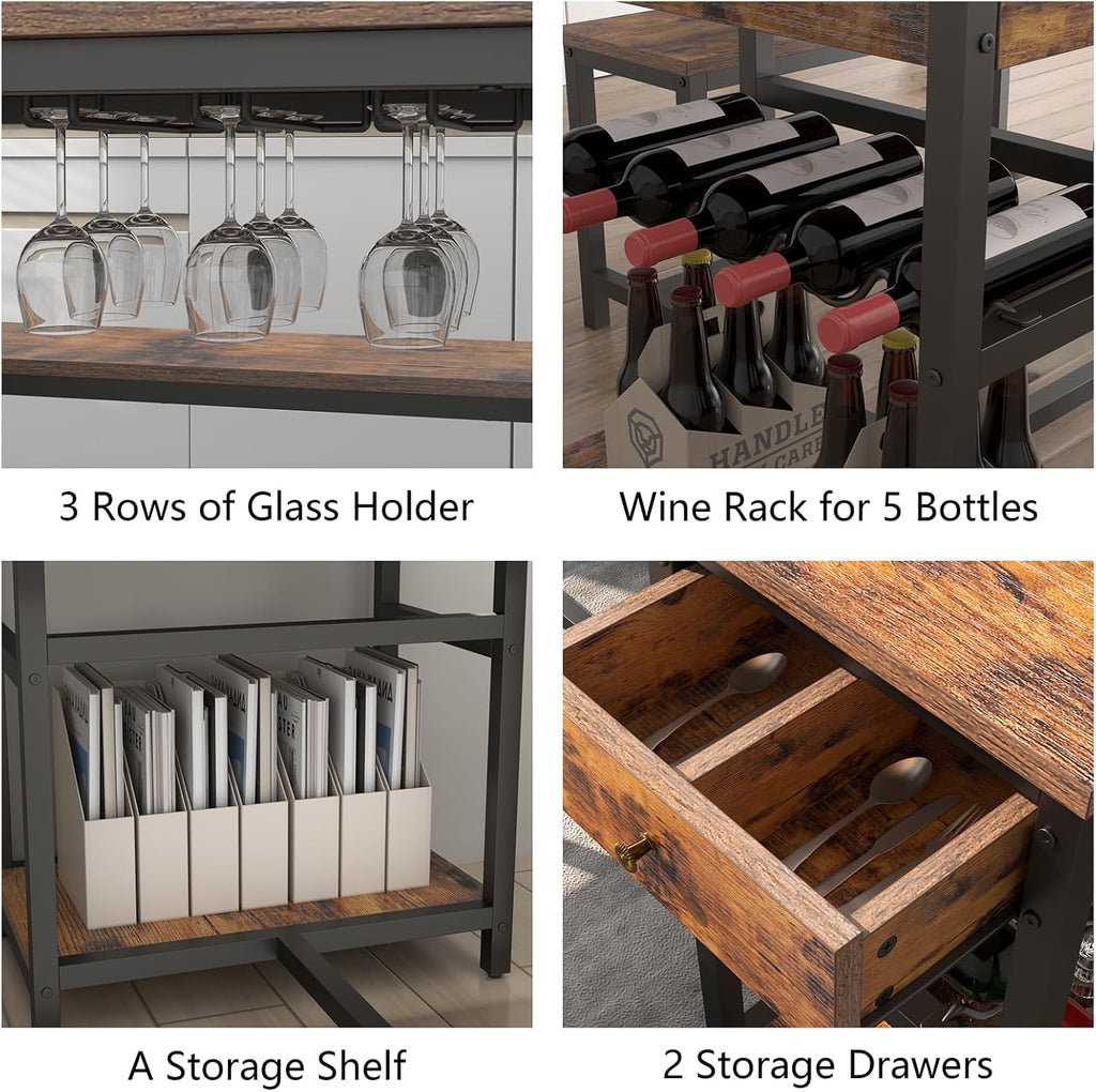 Auromie Dining Table Set for 4-6 People, 54.7" Kitchen Dinner Table with 2 Bench, Dining Room Tables Set with Storage Drawer & Shelf, 3-Piece Breakfast Nook Tables with Wine Rack &Glass Holder (Brown)