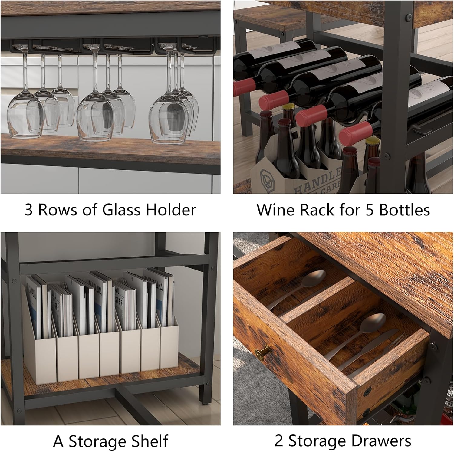 Auromie Dining Table Set for 4-6 People, 54.7" Kitchen Dinner Table with 2 Bench, Dining Room Tables Set with Storage Drawer & Shelf, 3-Piece Breakfast Nook Tables with Wine Rack &Glass Holder (Brown)