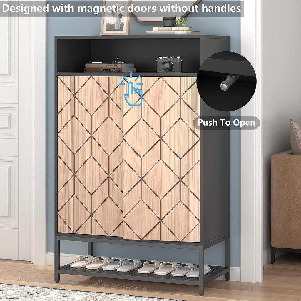 Auromie Shoe Cabinet with Door, 7-Tier Shoe Storage Cabinet with Metal Rack, Entryway Shoe Storage with 3 Removable Shelves and Adjustable Foot for Hallway, Closet, Living Room (Black)