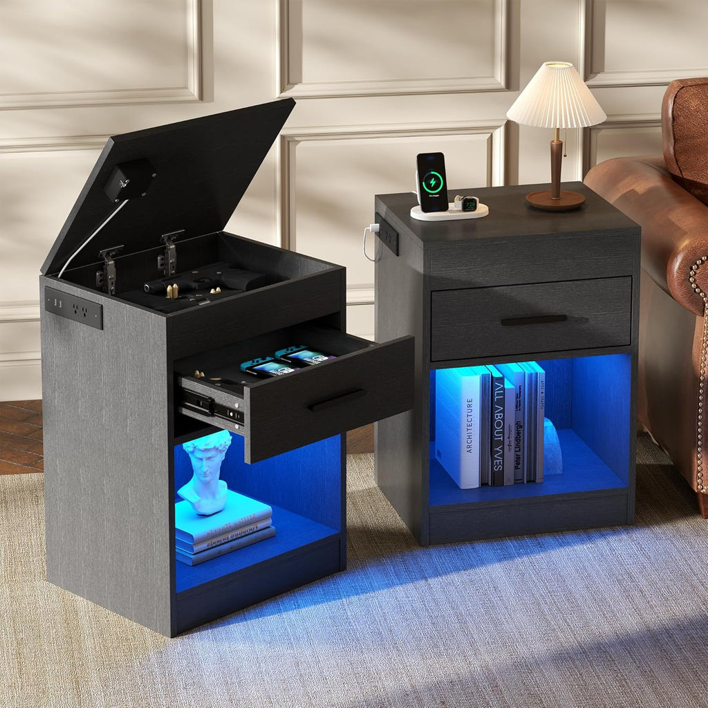 Auromie Set of 2 Nightstand with Charging Station and LED Lights, Bedside Table with Hidden Compartment for Valuables Storage, Concealment Furniture with Lock Cabinet and Power Outlets(Black- 2pcs)