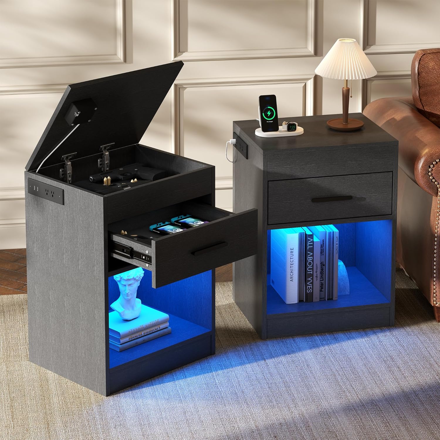 Auromie Set of 2 Nightstand with Charging Station and LED Lights, Bedside Table with Hidden Compartment for Valuables Storage, Concealment Furniture with Lock Cabinet and Power Outlets(Black- 2pcs)