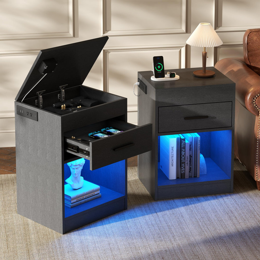Auromie Nightstand with Charging Station and LED Lights, Concealment Furniture with RFID Lock Cabinet and Power Outlets, Bedside Table with Hidden Compartment for Valuables Storage, Black