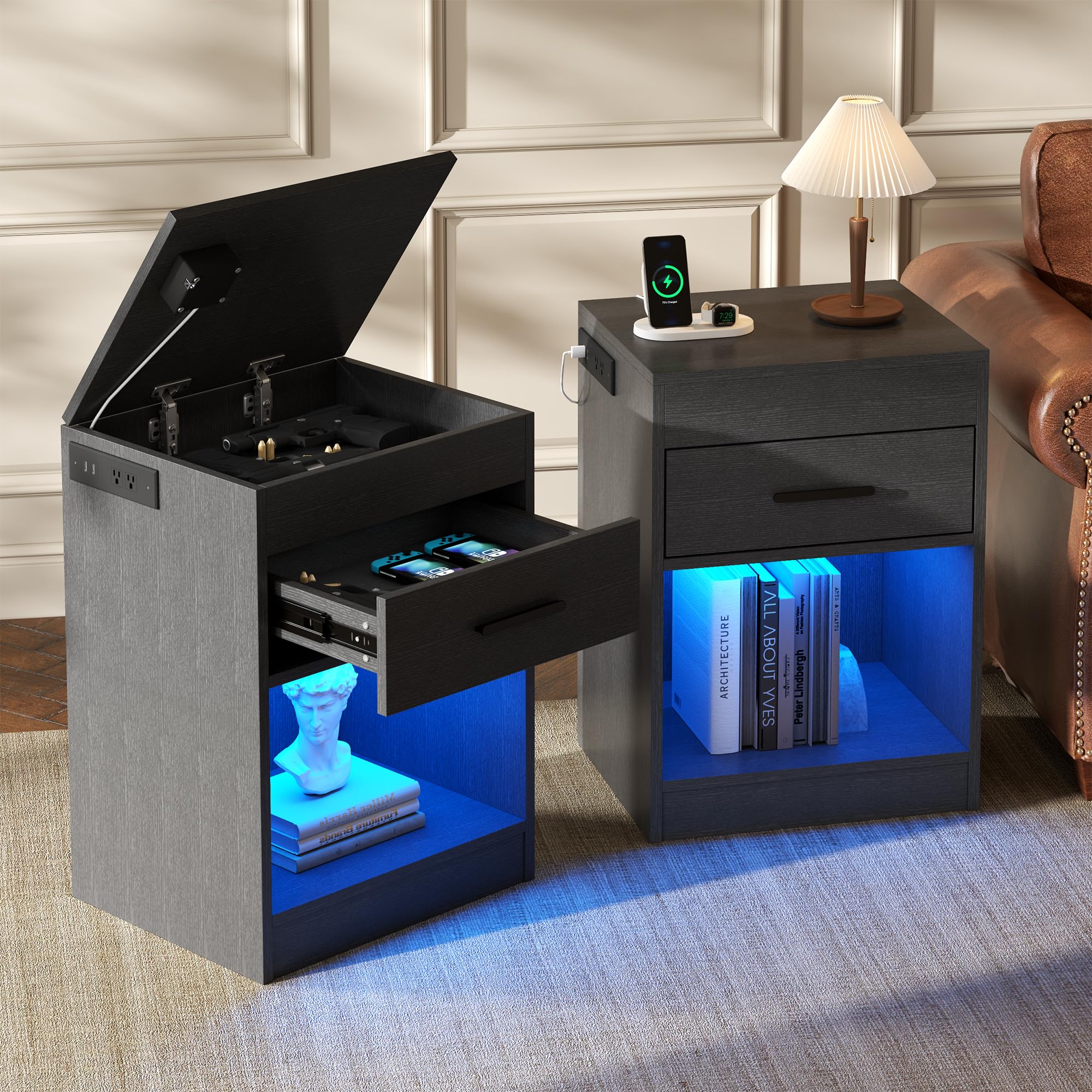 Auromie Nightstand with Charging Station and LED Lights, Concealment Furniture with RFID Lock Cabinet and Power Outlets, Bedside Table with Hidden Compartment for Valuables Storage, Black