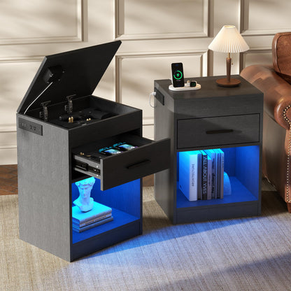 Auromie Nightstand with Charging Station and LED Lights, Concealment Furniture with RFID Lock Cabinet